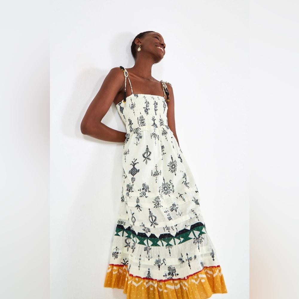 FARM Rio White Printed Midi Dress with Green & Mustard Border